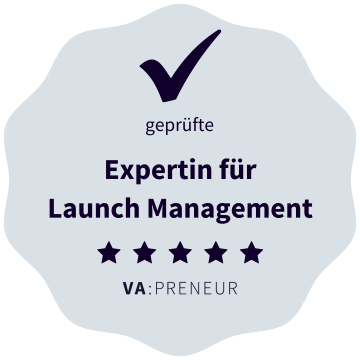 Badge – Expertin für Launch Management – Hellblau Qualitätssiegel „Geprüfte Expertin für Launch Management“.
